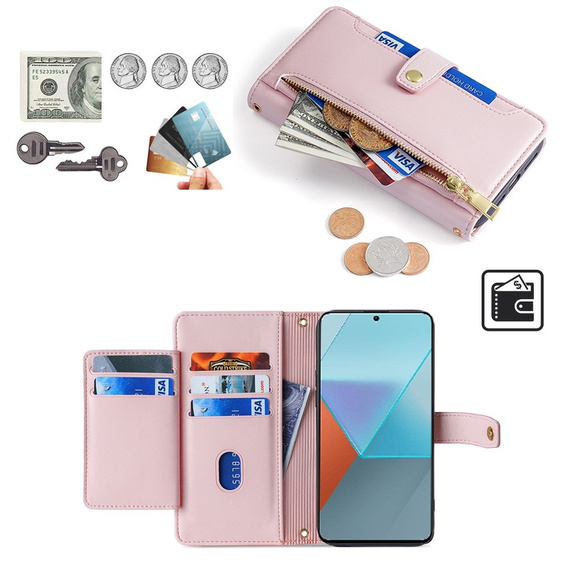 Cu clapetă pentru Xiaomi Redmi Note 13 Pro 5G, Wallet Zipper Pocket, roz