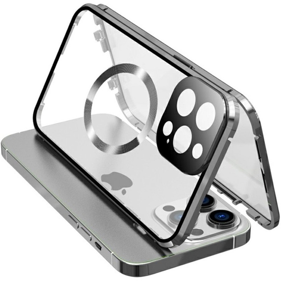 Carcasa Magnetic Dual Glass MagSafe pentru iPhone 15 Pro Max, de argint