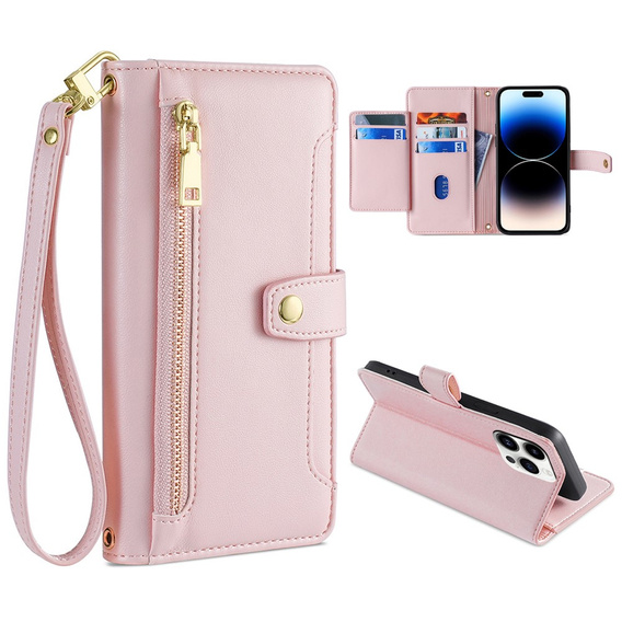 Cu clapetă pentru iPhone 14 Pro Max, Wallet Zipper Pocket, roz