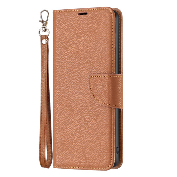 Cu clapetă pentru Samsung Galaxy A15, Wallet Litchi Leather, maro + sticlă 9H 