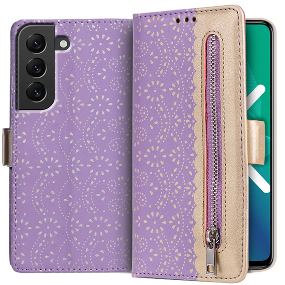 Carcasă cu clapetă pentru Samsung Galaxy S22+ Plus 5G, Wallet Pocket Zipper Lace, violet