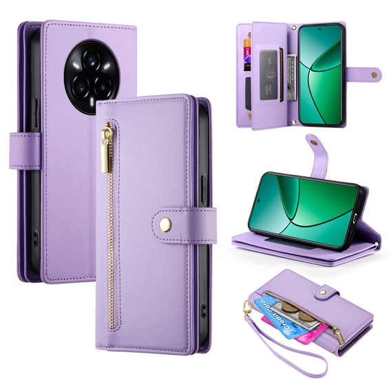 Cu clapetă pentru Realme 14 Pro 5G, Wallet Zipper Pocket, violet