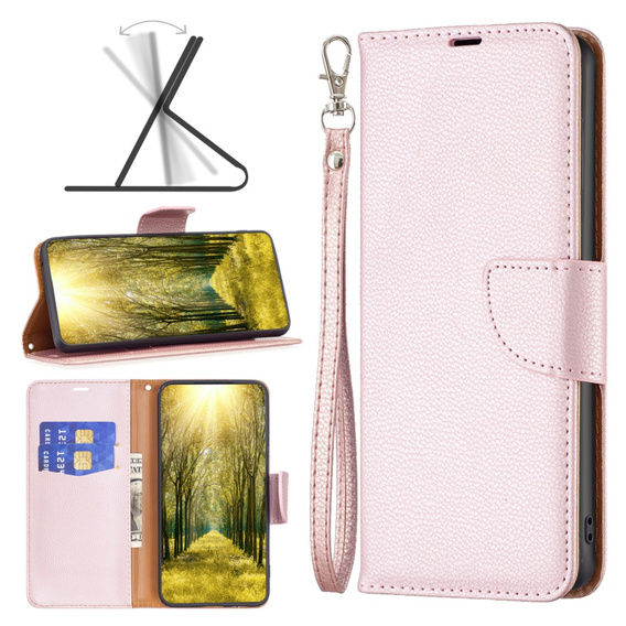 Cu clapetă pentru Samsung Galaxy A25 5G, Wallet Litchi Leather, roz + sticlă 9H