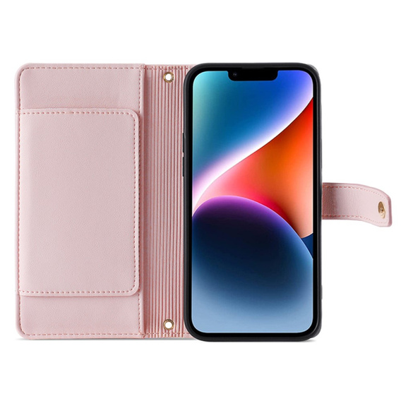 Cu clapetă pentru iPhone 15, Wallet Zipper Pocket, roz
