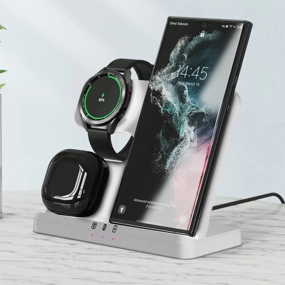 Încărcător wireless inductiv 3 în 1 QI rapid pentru Samsung S25 S24 S23 Galaxy Watch Buds Stație albă