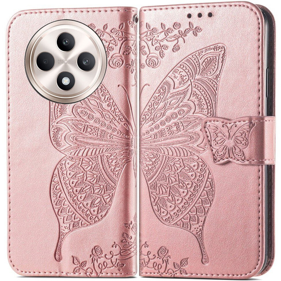 Cu clapetă pentru Oppo Reno 12FS / 12F, Butterfly, roz rose gold