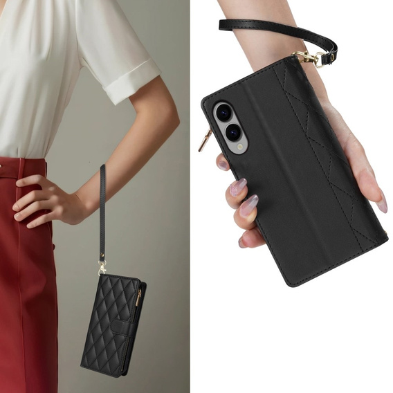 Husă cu clapetă pentru Samsung Galaxy S25 Edge, Rhombus Crossbody Leather, negru