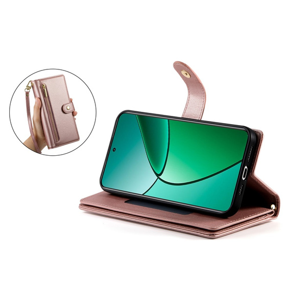 Cu clapetă pentru Realme 14 Pro 5G, Wallet Zipper Pocket, roz
