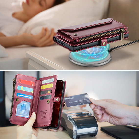 Husă CASEME pentru Samsung Galaxy S25 FE, RFID Leather Wallet, cu curea de umăr, roșu