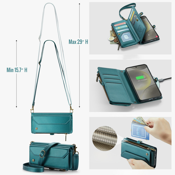 Husă CASEME pentru Samsung Galaxy S25 FE, RFID Leather Wallet, cu curea de umăr, verde