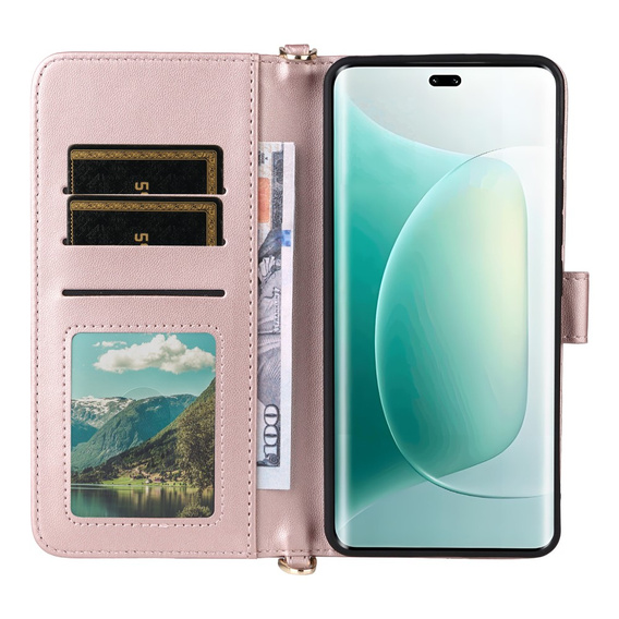Carcasă cu clapetă pentru Honor 400 5G, Crossbody Leather Wallet, roz