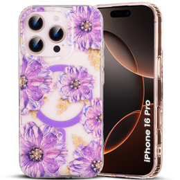 Husă magnetică cu model floral realizat cu laser pentru iPhone 16 Pro