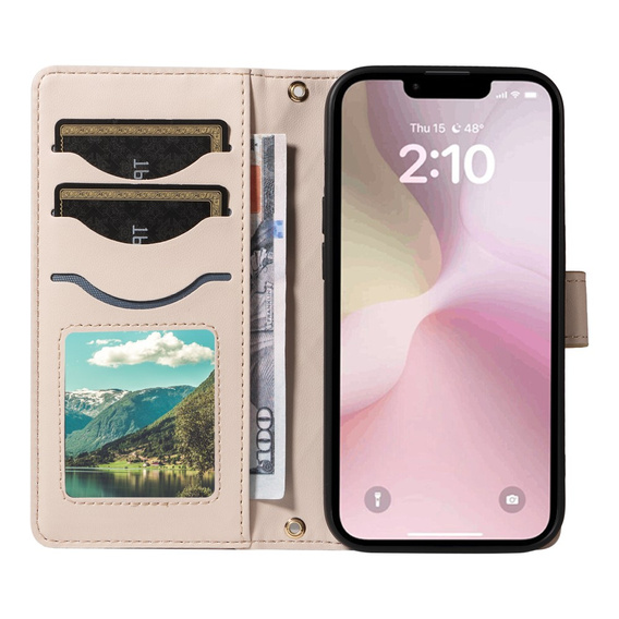 Husă cu clapetă pentru iPhone 16E, Rhombus Crossbody Leather, bej