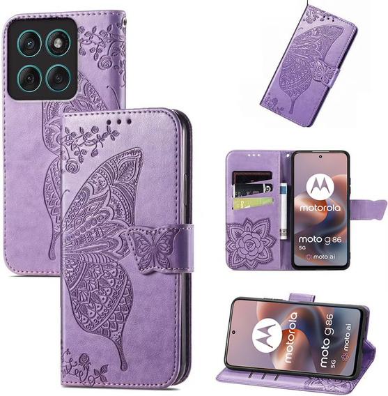 Cu clapetă pentru Motorola Moto G86 5G, Butterfly, violet