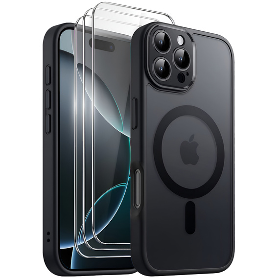 Husă pentru iPhone 16 Pro, pentru MagSafe, ERBORD Matt Case, negru + sticlă pentru ecran