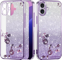 Husă pentru iPhone 16 Plus, Glitter Flower, violet