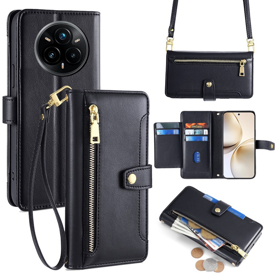 Cu clapetă pentru Realme 14 Pro+ 5G, Wallet Zipper Pocket, negru