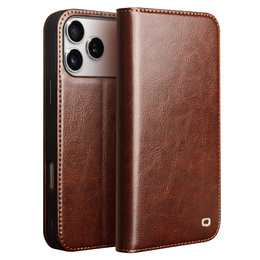 QIALINO Carcasă cu flip din piele de vacă originală pentru iPhone 17 Pro Max, maro