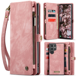 Husă CASEME pentru Samsung Galaxy S25 Ultra, Retro Leather Wallet, cu curea de umăr, roșu