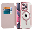 Cu clapetă pentru iPhone 15 Pro, RFID Wallet MagSafe CamShield, roz