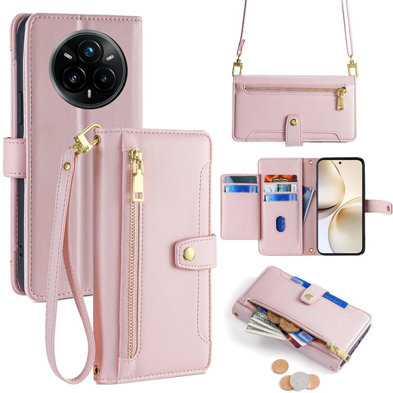 Cu clapetă pentru Realme 14 Pro+ 5G, Wallet Zipper Pocket, roz