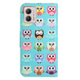 Cu clapetă pentru Motorola Moto G73 5G, Wallet, owls, albastru
