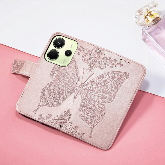 Cu clapetă pentru Xiaomi Redmi Note 14 4G, Butterfly, roz rose gold