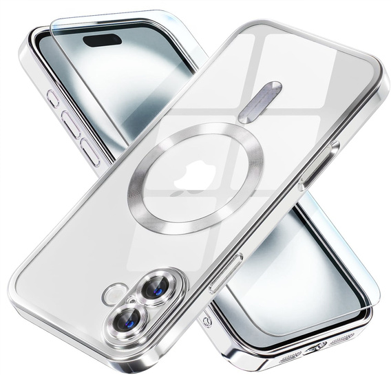 Husă pentru iPhone 16, Electro MagSafe, de argint + Sticlă pentru ecran