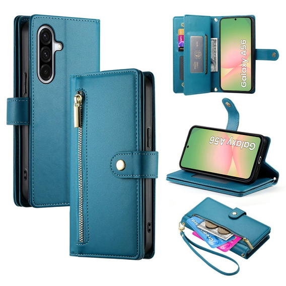 Cu clapetă pentru Samsung Galaxy A56 5G, Wallet Zipper Pocket, albastru