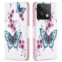 Cu clapetă pentru Xiaomi Redmi Note 13 5G, Wallet, Butterflies & Flowers alb