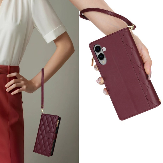 Husă cu clapetă pentru Samsung Galaxy S25 Edge, Rhombus Crossbody Leather, maroon