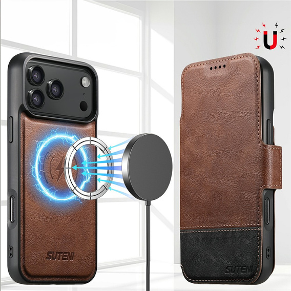 Husă flip 2 în 1 pentru iPhone 17 Pro Max, SUTENI, pentru MagSafe, maro