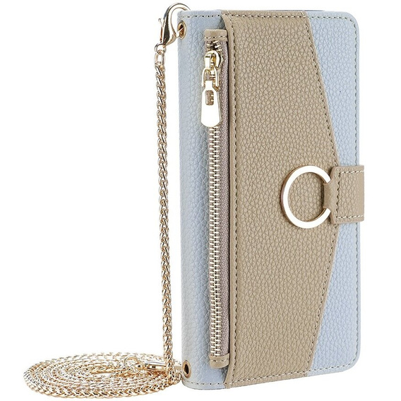 Carcasă flip pentru iPhone 15 Pro, Wallet Zipper Pocket, cu oglindă, albastru