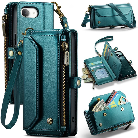 Husă CASEME pentru iPhone16e, RFID Leather Wallet, cu curea de umăr, verde