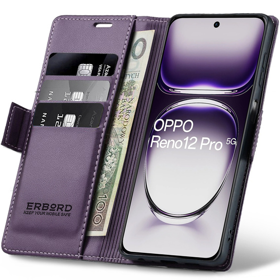 Husă pentru Oppo Reno 12 Pro, ERBORD Glossy Litchi, portofel cu clapetă, violet