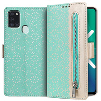 Carcasă cu clapetă pentru Samsung Galaxy A21S, Wallet Pocket Zipper Lace, verde