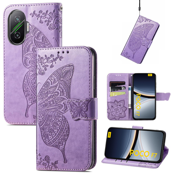 Cu clapetă pentru Xiaomi Poco F7, Butterfly, violet