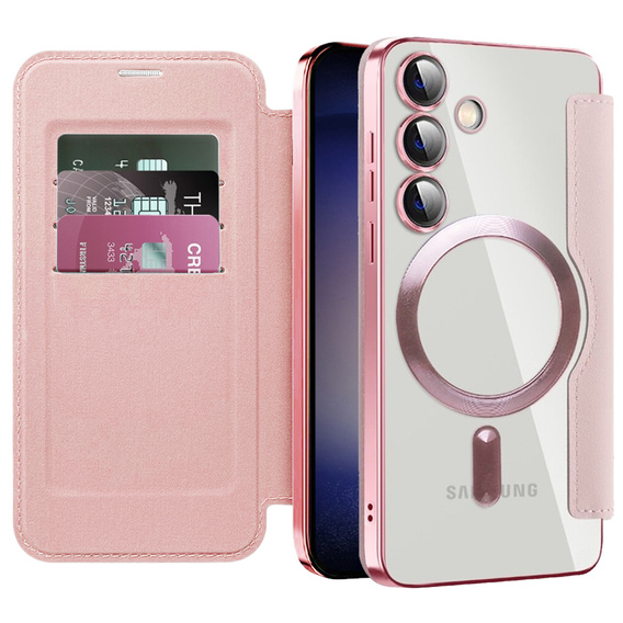 Cu clapetă pentru Samsung Galaxy S24+ Plus, RFID Wallet MagSafe CamShield, roz
