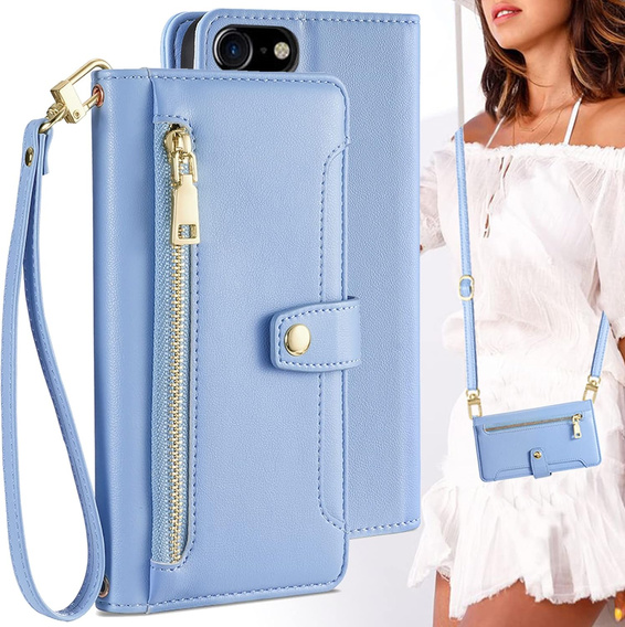 Cu clapetă pentru iPhone 16E, Wallet Zipper Pocket, albastru