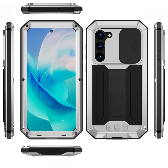 Husă blindată pentru Samsung Galaxy S23, R-JUST CamShield Slide, argintiu / negru