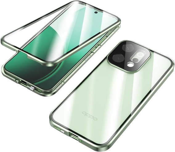 Carcasă pentru Oppo Reno 14, sticlă magnetică dublă, transparentă cu laturi verzi