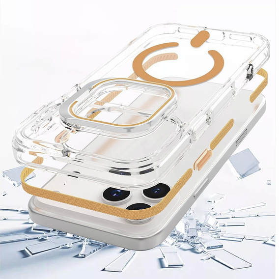 Husă pentru iPhone 17 Pro Max, pentru MagSafe, cu suport, transparentă cu inserții aurii