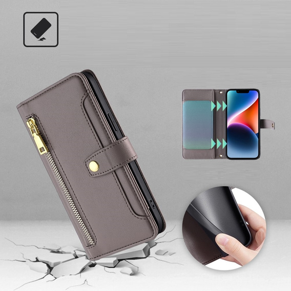 Cu clapetă pentru Xiaomi Redmi Note 13 Pro+, Wallet Zipper Pocket, gri