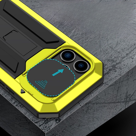 Husă pentru iPhone 14 Pro, R-JUST CamShield Slide, armată, galben / negru