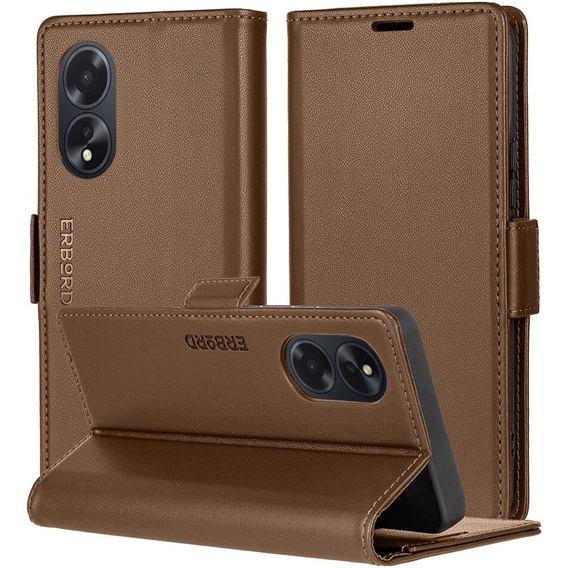 Husă pentru Oppo A60, ERBORD Glossy Litchi, portofel cu clapetă, maro
