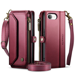 Husă CASEME pentru iPhone16e, RFID Leather Wallet, cu curea de umăr, roșu