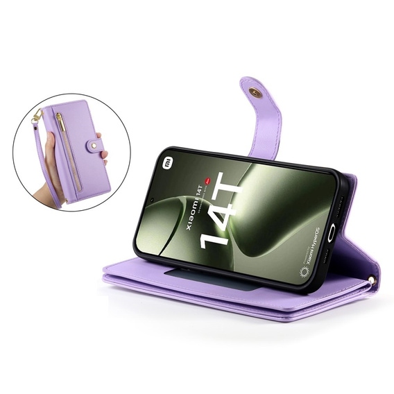 Cu clapetă pentru Xiaomi 14T, Wallet Zipper Pocket, violet