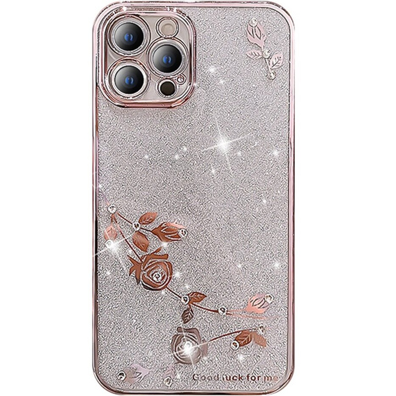 Husă pentru iPhone 13 Pro Max Glitter Flower, roz rose gold