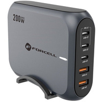 Încărcător de birou FORCELL 3x USB Type-C 2x USB-A 200W 5A GaN PD QC4.0, gri