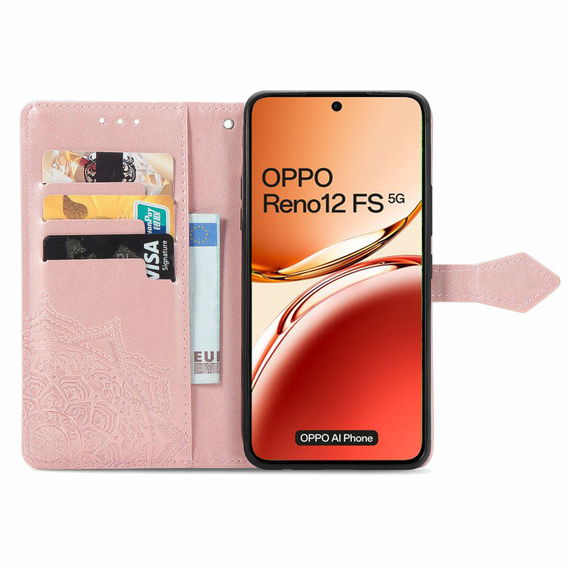 Cu clapetă pentru Oppo Reno 12FS / 12F, Mandala, roz rose gold